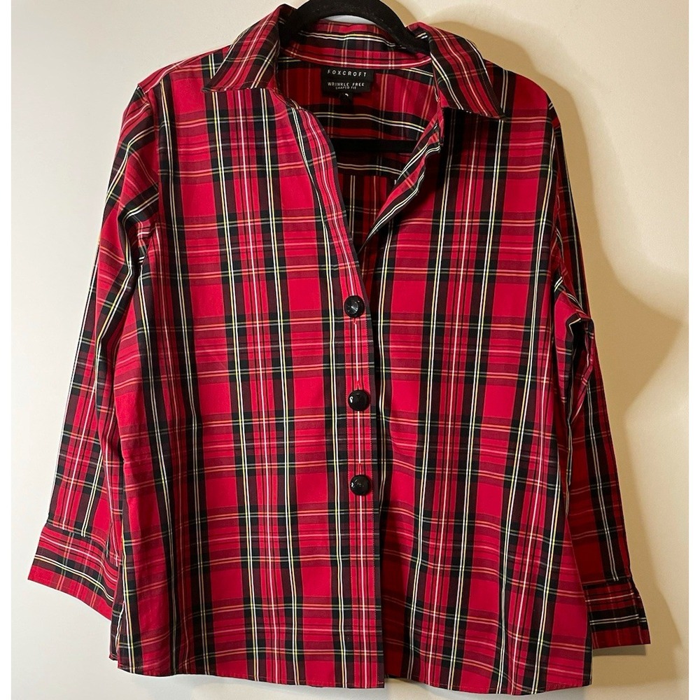 Foxcroft Shirt Women 14 Red Plaid Button Front Wrinkle Free Shaped Fit Preppy